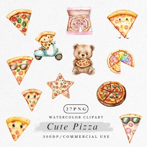 May include: A set of 27 watercolor clipart images featuring cute pizza designs. The images include pizza slices with faces, a pizza in a box, a pizza in a star shape, a pizza with rainbow toppings, a pizza with sunglasses, a pizza on a scooter, and a teddy bear holding a pizza. The text "Cute Pizza" is included in the image.