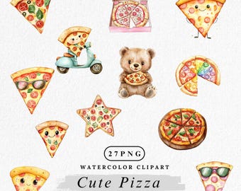 May include: A set of 27 watercolor clipart images featuring cute pizza designs. The images include pizza slices with faces, a pizza in a box, a pizza in a star shape, a pizza with rainbow toppings, a pizza with sunglasses, a pizza on a scooter, and a teddy bear holding a pizza. The text "Cute Pizza" is included in the image.