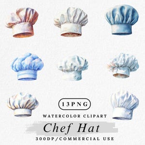 May include: A collection of watercolour chef hats in shades of white and blue. The image includes the text "Chef Hat" and "Watercolor Clipart". The hats are painted in a soft, artistic style, suitable for culinary-themed designs.