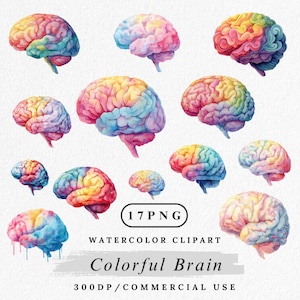 Aquarell Gehirn Clipart Bundle: Regenbogen Psychische Gesundheit Grafiken (digitaler Download)