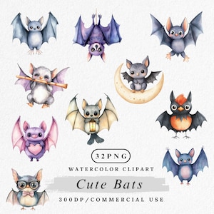 Zestaw uroczych nietoperzy Clipart, Kawaii Bat Characters PNG, Watercolor Bats Png, Bat Clipart, Baby Bat Nursery Art, Forest Animal Clipart, Pobierz