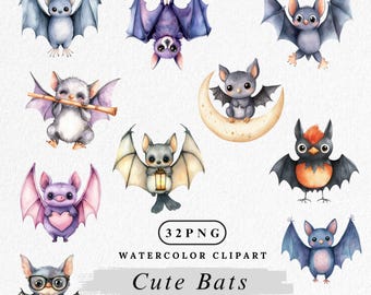 Cute Bat Clipart Bundle, Kawaii Bat Characters PNG, Watercolor Bats Png, Bat Clipart, Baby Bat Nursery Art, Forest Animal Clipart, Download