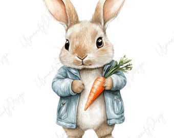 21 Watercolor Bunny Clipart PNG, Cute Rabbit with Carrot, Bunny PNG Set, Spring Nursery Art, Scrapbook Stickers, Junk Journal Ephemera