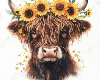 22 Highland Cow with Sunflowers Clipart, Watercolor Farm Animal, Rustic Country Art, Junk Journal, Digital Download, High-Quality JPGs