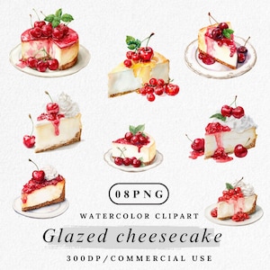 Glazed Cheesecake Clipart, Watercolor Dessert PNG, Sweet Cheesecake Illustration, Bakery Food Clipart, Cute Cake Slice PNG, Digital Download
