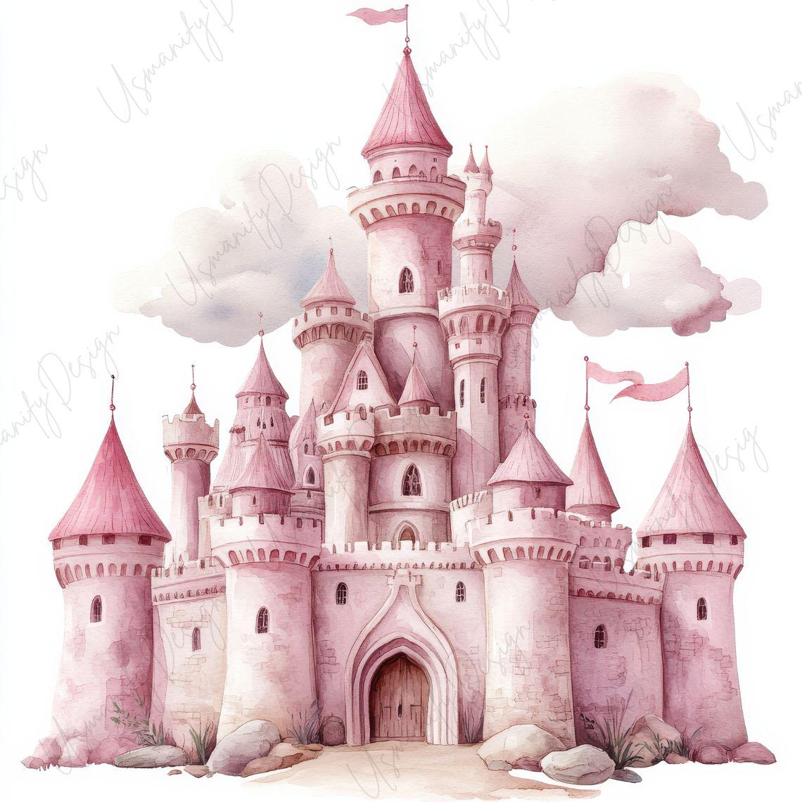 19 Watercolor Pink Castle Clipart JPG, Fairytale Princess Castle ...