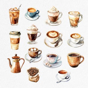 May include: Watercolor illustration of various coffee drinks, including iced coffee, espresso, lattes, and cappuccinos. The image also features a coffee pot and a bag of coffee beans. The drinks are in different cups and mugs.