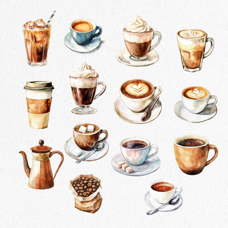 May include: Watercolor illustration of various coffee drinks, including iced coffee, espresso, lattes, and cappuccinos. The image also features a coffee pot and a bag of coffee beans. The drinks are in different cups and mugs.