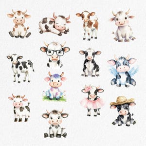 May include: A set of 12 watercolor illustrations of cute cows in various poses. The cows are all black and white with spots, and some have additional details like flowers, hats, or wings. The illustrations are perfect for adding a touch of whimsy to any project.