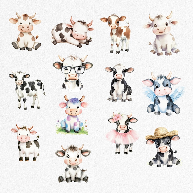 May include: A set of 12 watercolor illustrations of cute cows in various poses. The cows are all black and white with spots, and some have additional details like flowers, hats, or wings. The illustrations are perfect for adding a touch of whimsy to any project.