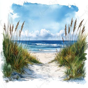 May include: Watercolor painting of a beach scene. A sandy path leads to the ocean, framed by tall green and brown grasses. The sky is blue with white clouds, and the ocean is a deep blue.