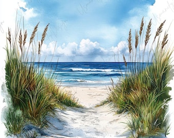 13 Watercolor Beach Landscape Clipart, Ocean Wave and Sea Dune Art, Coastal Shoreline Painting, Junk Journal, Paper Craft, High Quality JPGs