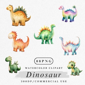 Dinosaur Clipart, Watercolor Dino PNG, Cute Prehistoric Animal, Kids Dinosaur Clip Art Set, Cartoon Dinosaur PNG, Digital Download