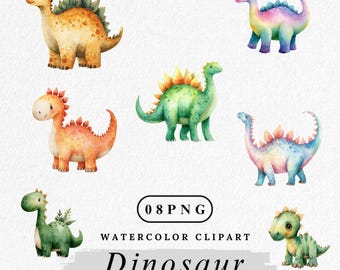 Imágenes prediseñadas de dinosaurio, dinosaurio acuarela PNG, lindo animal prehistórico, conjunto de imágenes prediseñadas de dinosaurios para niños, dinosaurio de dibujos animados PNG, descarga digital