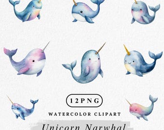 Aquarell Einhorn Narwal Clipart: Kawaii Meerestiere PNG Bundle (digitaler Download)