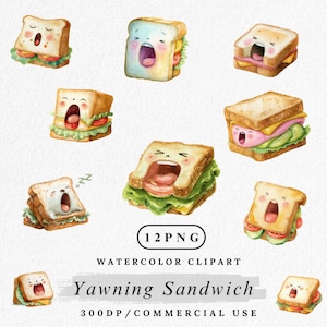 あくびをするサンドイッチのクリップアート、かわいいサンドイッチのPNGバンドル、面白い食べ物のクリップアート、眠そうなスナックのイラスト、デジタルダウンロード、水彩画のクリップアート
