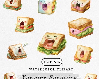 Yawning Sandwich Clipart, Cute Sandwich PNG Bundle, Funny Food Clip Art, Sleepy Snack Illustration, Digital Download, Watercolor Clipart