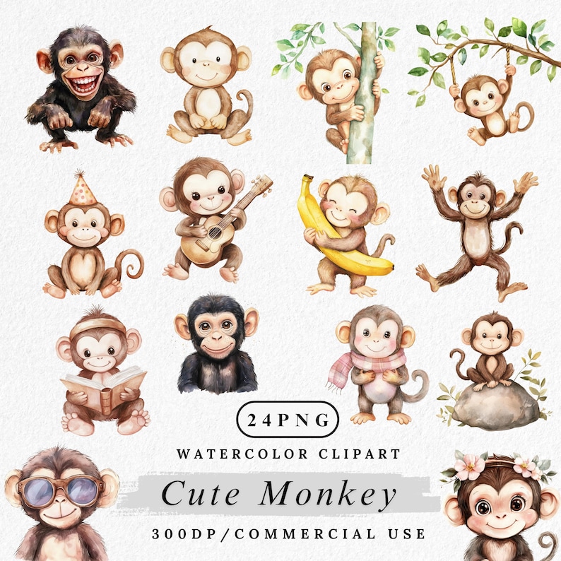 Monkey Clipart Bundle, Cute Monkey Character PNGs, Jungle Animal Clipart, Cartoon Monkey art, Kawaii Safari Animals, Watercolor Monkey PNG image 1