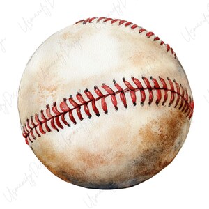 May include: Watercolor illustration of a baseball. The ball is off-white with brown shading and red stitching. The image has a vintage, worn look.