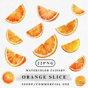 May include: Watercolor clipart of orange slices in various sizes and orientations. The slices are in shades of orange and yellow, with white rind. The image includes the text "22PNG", "Watercolor Clipart", and "Orange Slice".