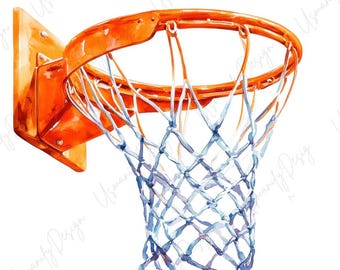 13 Watercolor Basketball Hoop Art, Sports Net Clipart Set, Orange Rim Basketball, Scrapbook, Junk Journal, Paper Craft, High Quality PNG
