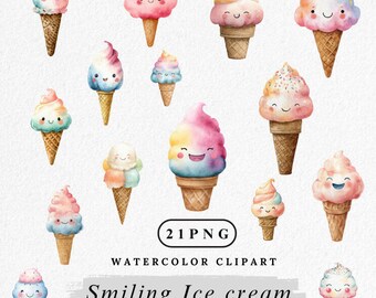 Può includere: Clipart ad acquerello con coni gelato sorridenti in vari colori, tra cui rosa, blu, giallo e arancione. L'immagine include il testo "Smiling Ice cream" e "300DP/COMMERCIAL USE".