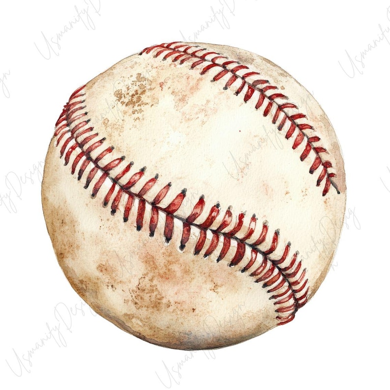 May include: Watercolor illustration of a baseball. The ball is off-white with red stitching. The baseball has a worn, vintage appearance, with subtle brown shading and texture, suggesting age or use. The design is set against a clean white background.