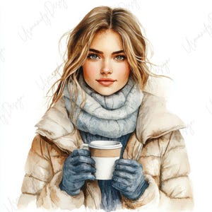 以下が含まれることがあります： 長い金髪の女性の水彩イラスト。水色のスカーフ、手袋、ベージュのパファージャケットを着ています。茶色のバンドが付いた白いコーヒーカップを持っています。このアートワークは、柔らかく、冬らしい雰囲気です。