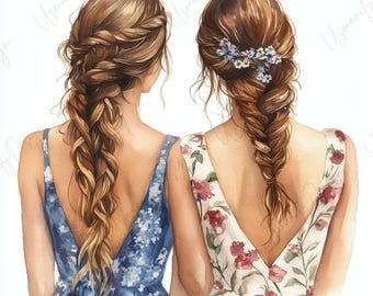 11 Watercolor Friendship Girl Clipart, Best Friends Art, Sisters Art, Braided Hair Girls, Junk Journal, Scrapbook, Printable Wall Art JPGs