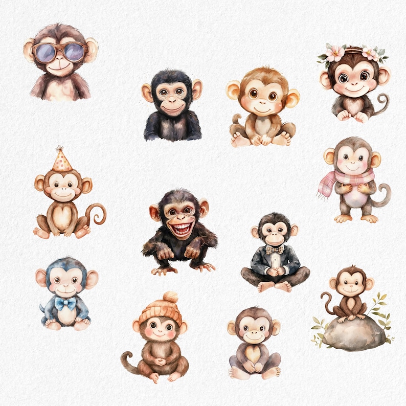 Monkey Clipart Bundle, Cute Monkey Character PNGs, Jungle Animal Clipart, Cartoon Monkey art, Kawaii Safari Animals, Watercolor Monkey PNG image 2