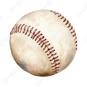 May include: Watercolor illustration of a baseball. The ball is off-white with red stitching. The image has a vintage, slightly worn appearance, suggesting a classic or retro theme. Perfect for sports-themed decor or designs.