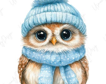 22 Watercolor Winter Owl Art, Cute Baby Owl Clipart, Cozy Nursery Animal, Winter Nursery Decor, Scrapbook, Junk Journal, High Quality PNG