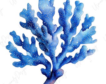 May include: Watercolor illustration of a vibrant blue coral with white speckles. The coral has a branching structure and a textured appearance, perfect for coastal decor or marine-themed art.