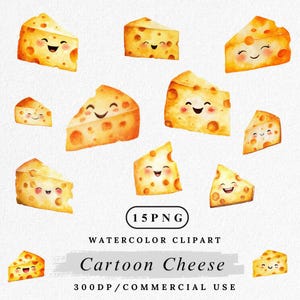 May include: Watercolor clipart of cartoon cheese wedges with smiling faces. The cheese is yellow with orange accents and holes. The image includes the text "15 PNG", "Watercolor Clipart", "Cartoon Cheese", and "300DP/COMMERCIAL USE".