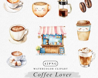 Watercolor Coffee Clipart: Espresso, Latte, Beans (PNG Digital Download)