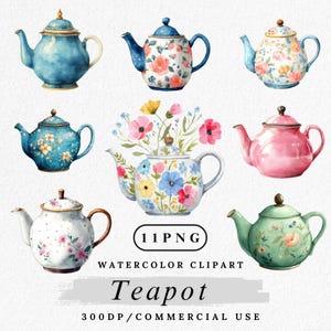 Teapot Clipart, Watercolor Teapot PNG, Vintage Tea Kettle, Kitchen Decor Clipart, Tea Party Graphics, Cozy Home PNG Bundle, Digital Download