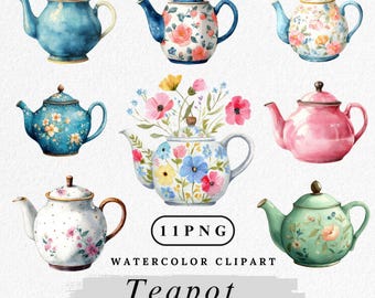 Aquarell Teekanne Clipart: Vintage Teekanne PNG Bundle (Digitaler Download
