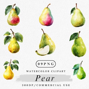 Watercolor Pear Clipart: Fresh Fruit PNG Bundle (Digital Download