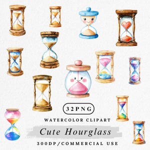 Könnte beinhalten: Aquarell-Clipart mit verschiedenen Sanduhr-Designs. Die Sammlung umfasst Sanduhren mit Holzrahmen, farbigem Sand und skurrilen Designs, darunter eine mit Herzform. Der Text "Cute Hourglass" ist ebenfalls vorhanden.