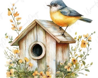 13 Watercolor Birdhouse Clipart, Bluebird Cottage Art, Floral Spring, Rustic Garden Decor, Junk Journal, Paper Craft, High Quality PNGs