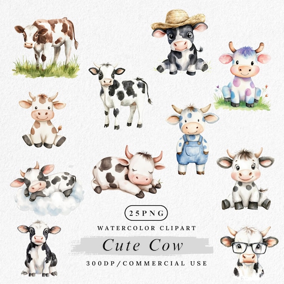 Cute Cow Clipart PNG Bundle, Kawaii Farm Animal clipart, Watercolor Cow Characters Nursery Art, Farm Party Decor, Baby Shower Printables