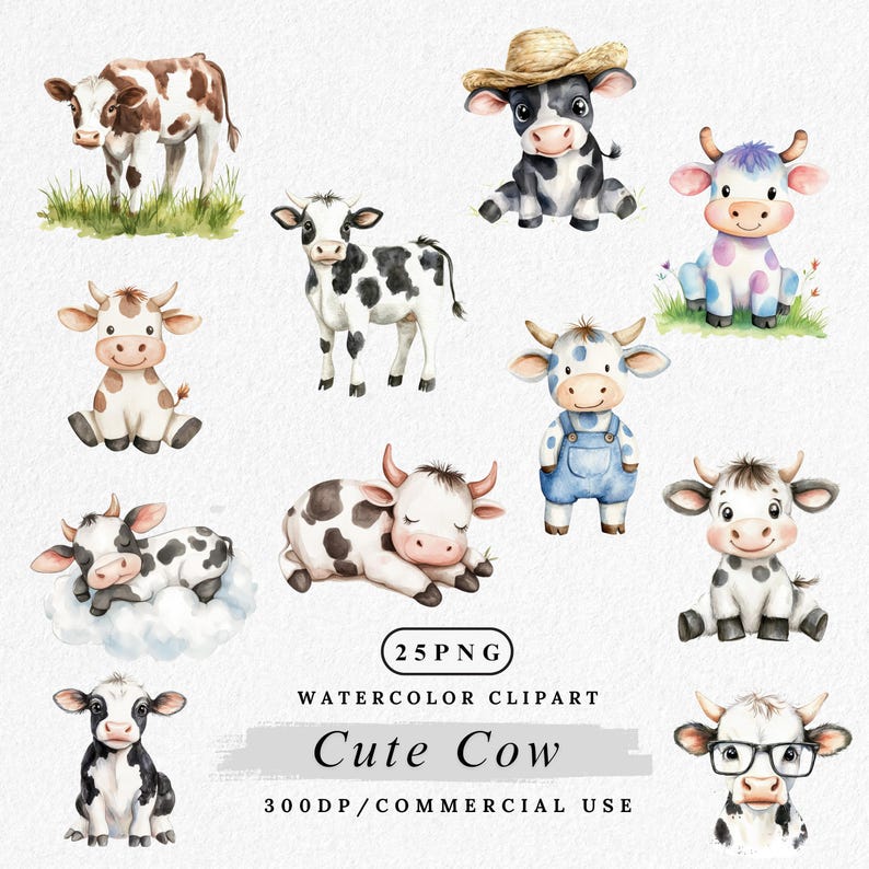 May include: A set of 10 watercolor illustrations of cute cows in various poses. The cows are all black and white with spots, and some have additional details like hats, overalls, or glasses. The illustrations are perfect for use in children's books, greeting cards, or other creative projects.