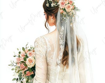 20 Bride Clipart, Wedding Dress, Elegant Watercolor Woman, Bridal Gown Printable, Wedding Decor, Scrapbook, Paper Craft, High Quality JPG