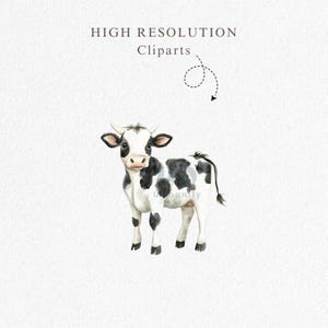 May include: A watercolor illustration of a black and white cow with a white face and black spots. The cow is standing on a white background.