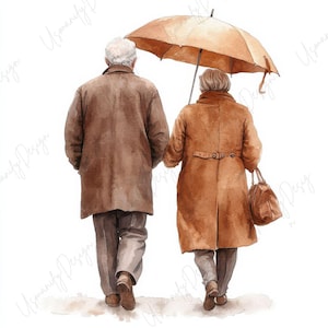Peut inclure: Illustration à l'aquarelle d'un couple de personnes âgées marchant sous un parapluie beige. Ils portent des manteaux bruns et se tiennent par la main. La femme porte un sac à main marron. Le fond est blanc.