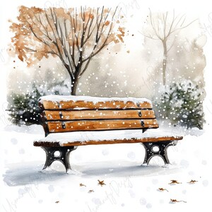 May include: Watercolor painting of a park bench covered in snow. The bench is made of wood and has black metal legs. A tree with brown leaves and other trees are in the background. Snowflakes are falling, and a few leaves are on the ground.