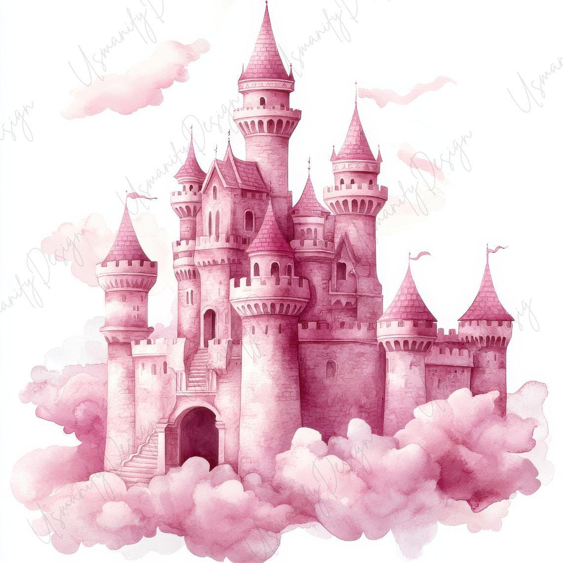 19 Watercolor Pink Castle Clipart JPG, Fairytale Princess Castle ...