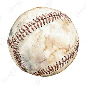May include: Watercolor illustration of a baseball. The baseball is off-white with brown stitching and subtle brown and gray shading, giving it a vintage look. The design is detailed and realistic, perfect for sports-themed decor.