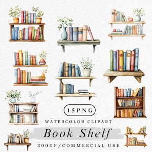 Könnte beinhalten: Aquarell-Clipart mit verschiedenen Bücherregalen, gefüllt mit bunten Büchern und dekorativen Pflanzen. Das Bild enthält den Text "Book Shelf" und "Watercolor Clipart".