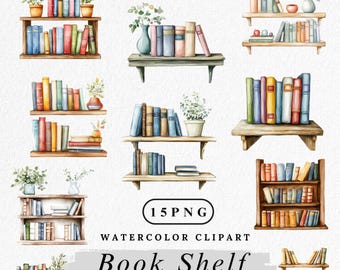 Watercolor Bookshelf Clipart: 15 PNG Illustrations (Digital Download